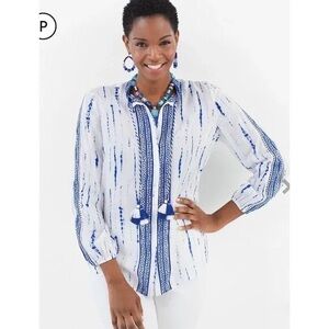 Chicos blue and white tie dye embroidered tassle button up blouse